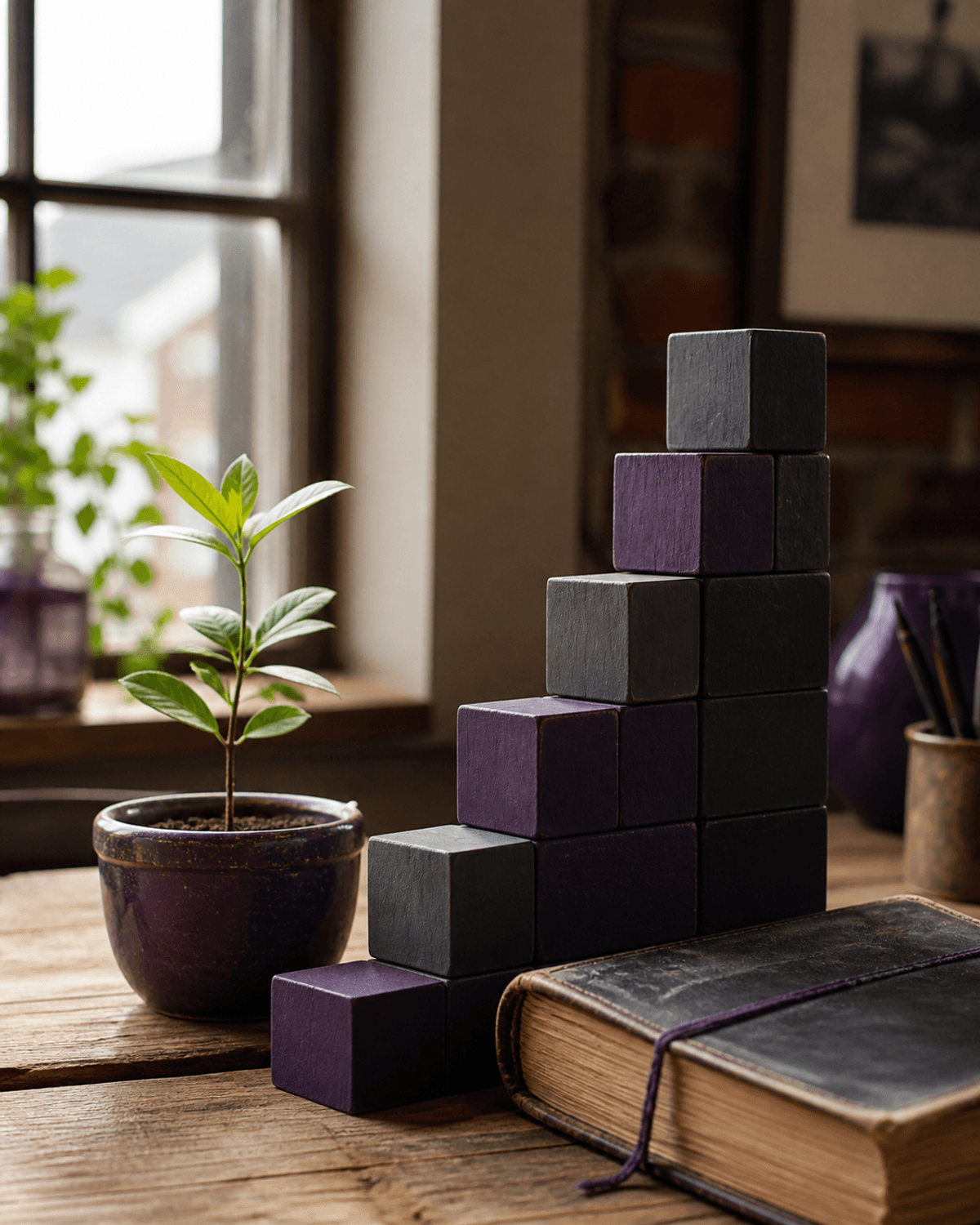Young plant and hand-built purple steps beside a worn blank business notebook