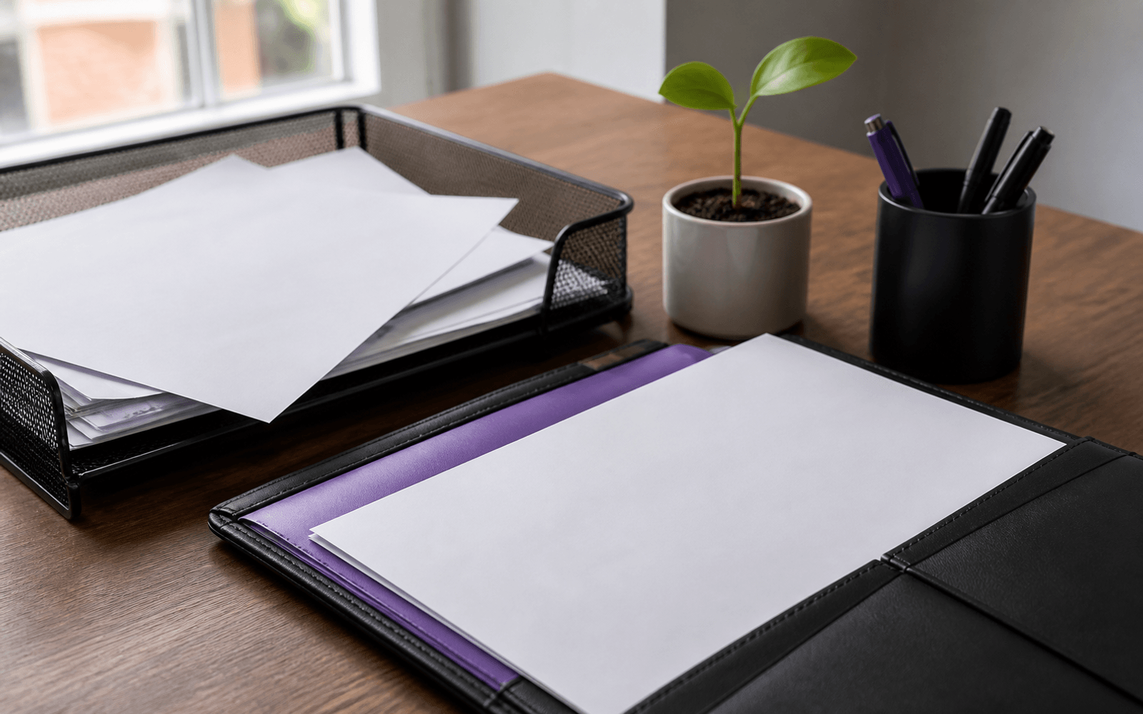 Blank documents being organized into a purple business portfolio beside a plant