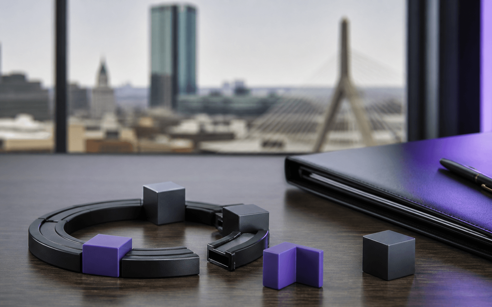 Circular modular track and purple blocks representing flexible business access