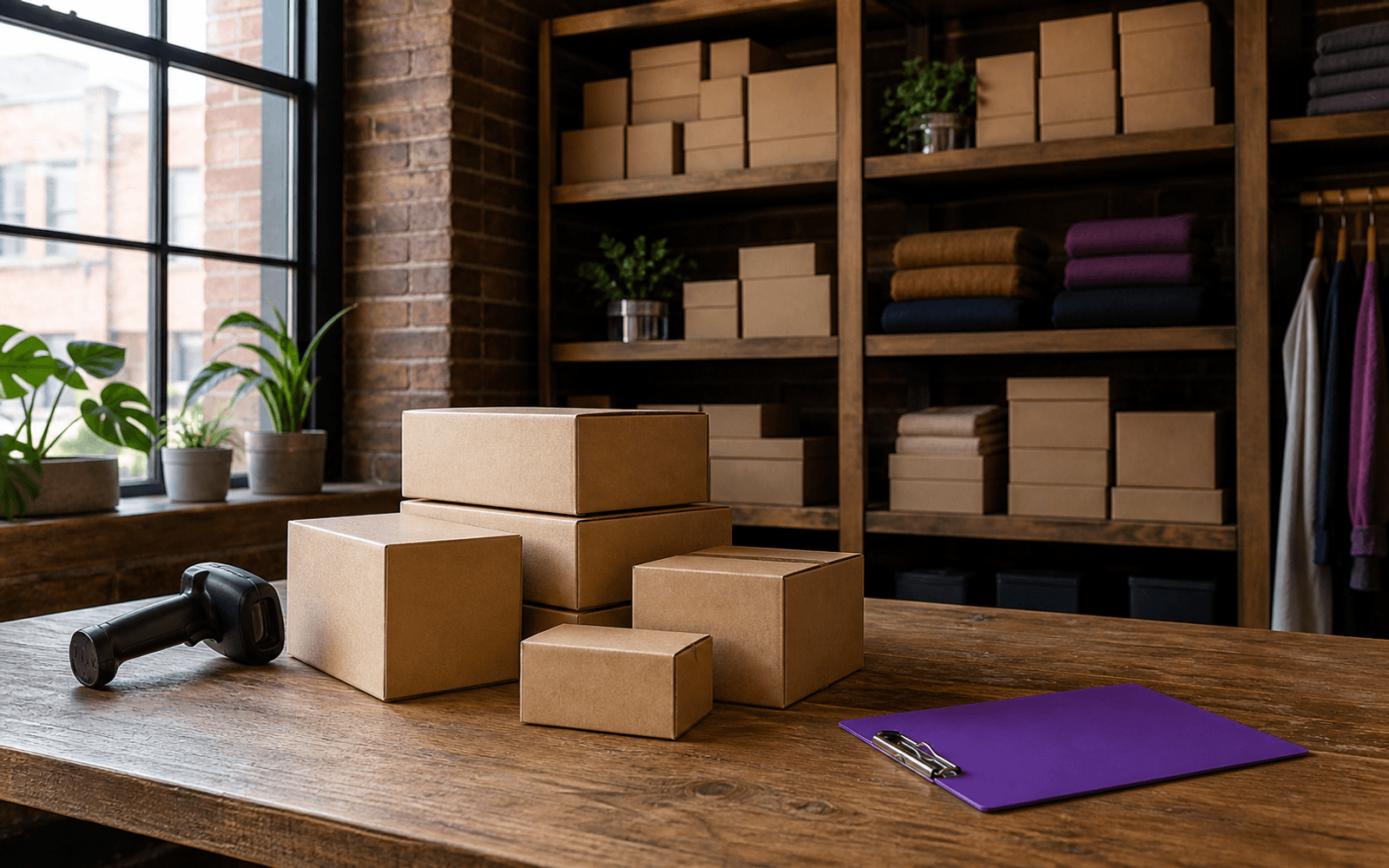 Unbranded inventory cartons and a purple clipboard in a small retail stockroom