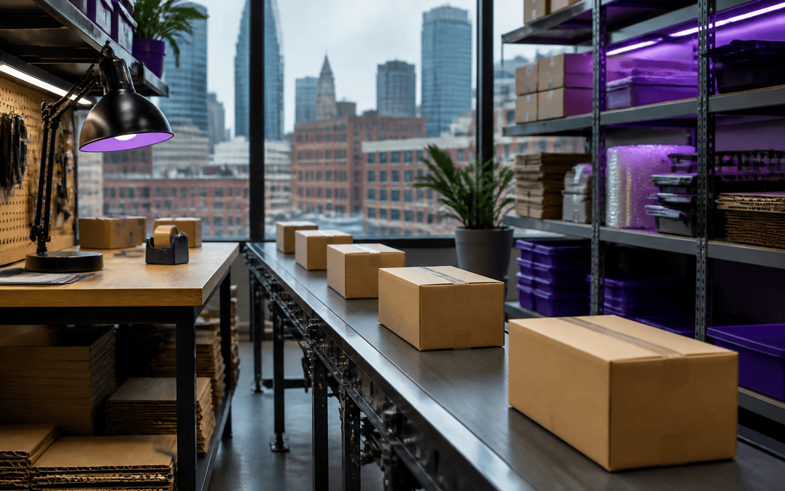 Unbranded packages moving through a Boston wholesale workspace