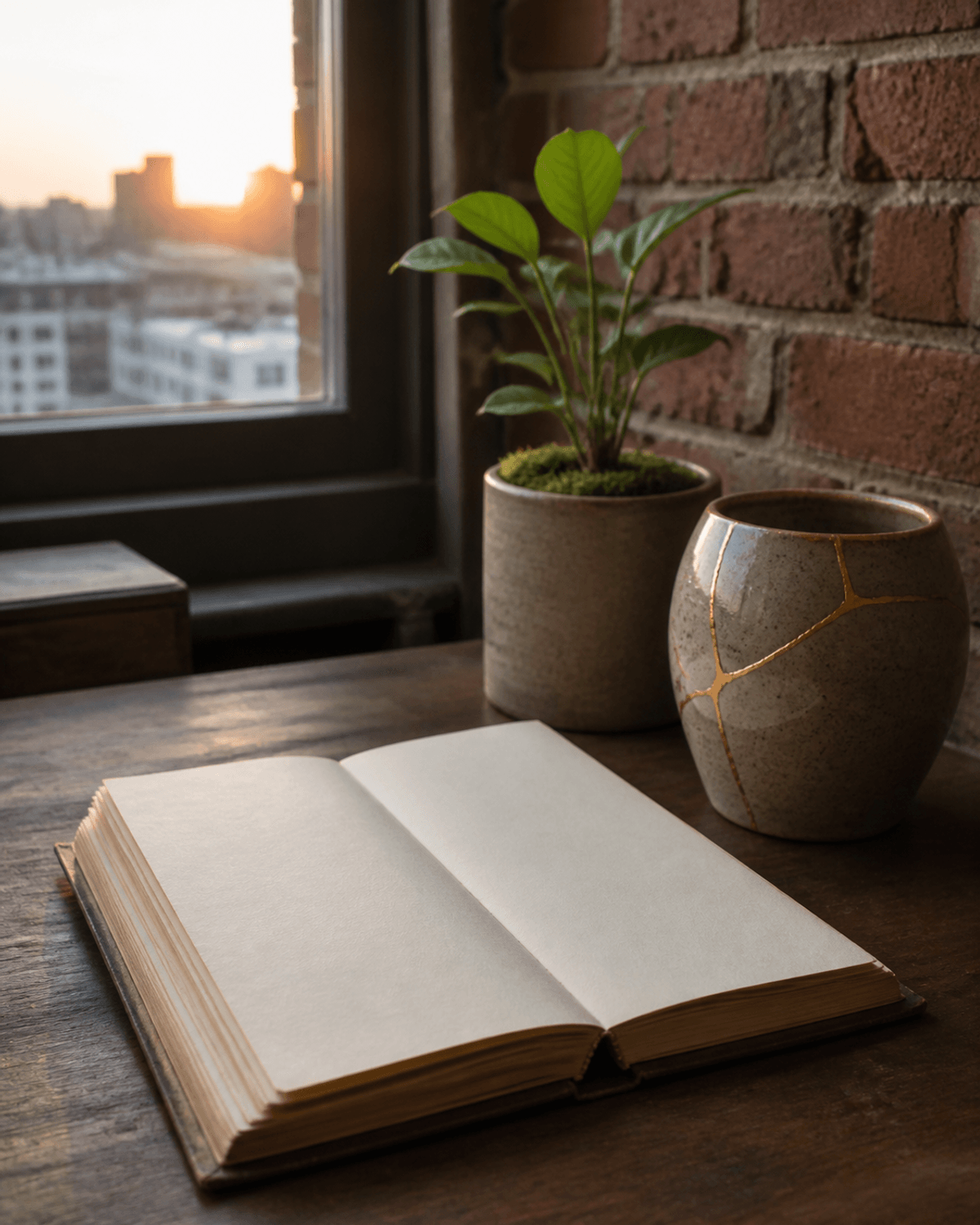 Blank ledger, growing plant, and repaired ceramic vessel in a warm Boston workspace