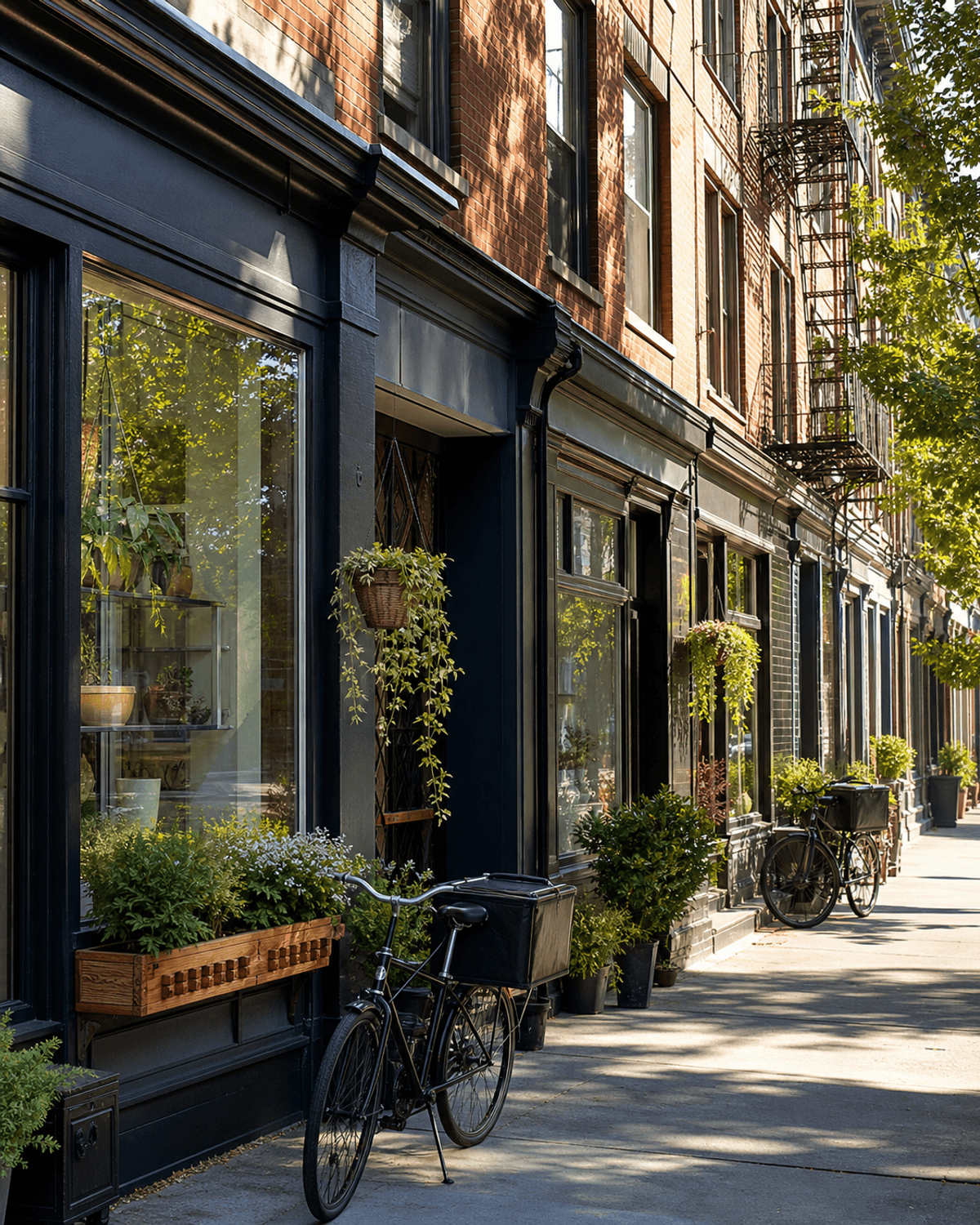 Brick storefronts and delivery bicycles on a tree-lined Boston business street
