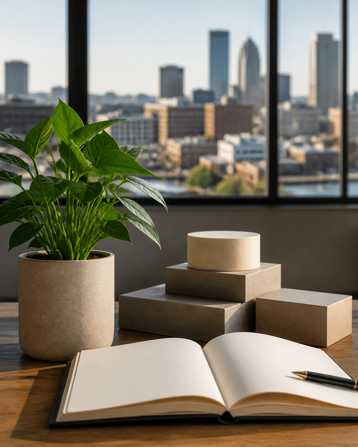 Thriving plant, blank planning book, and geometric growth forms in a Massachusetts workspace