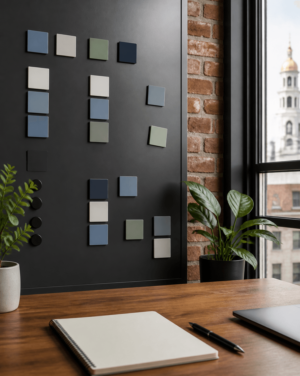 Movable planning tiles and a blank notebook in a Massachusetts office