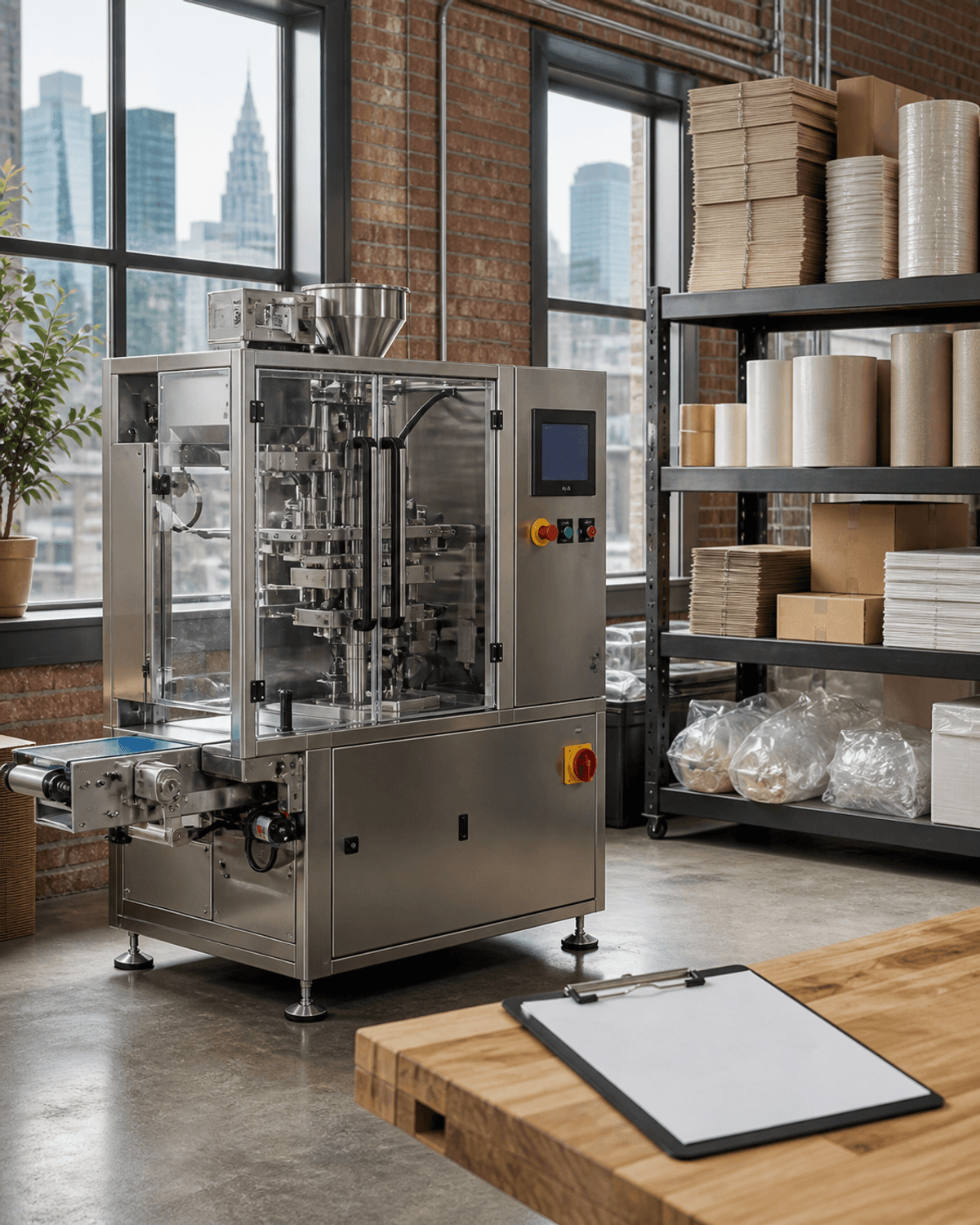 Compact commercial packaging machine beside organized materials in a Boston-area workspace