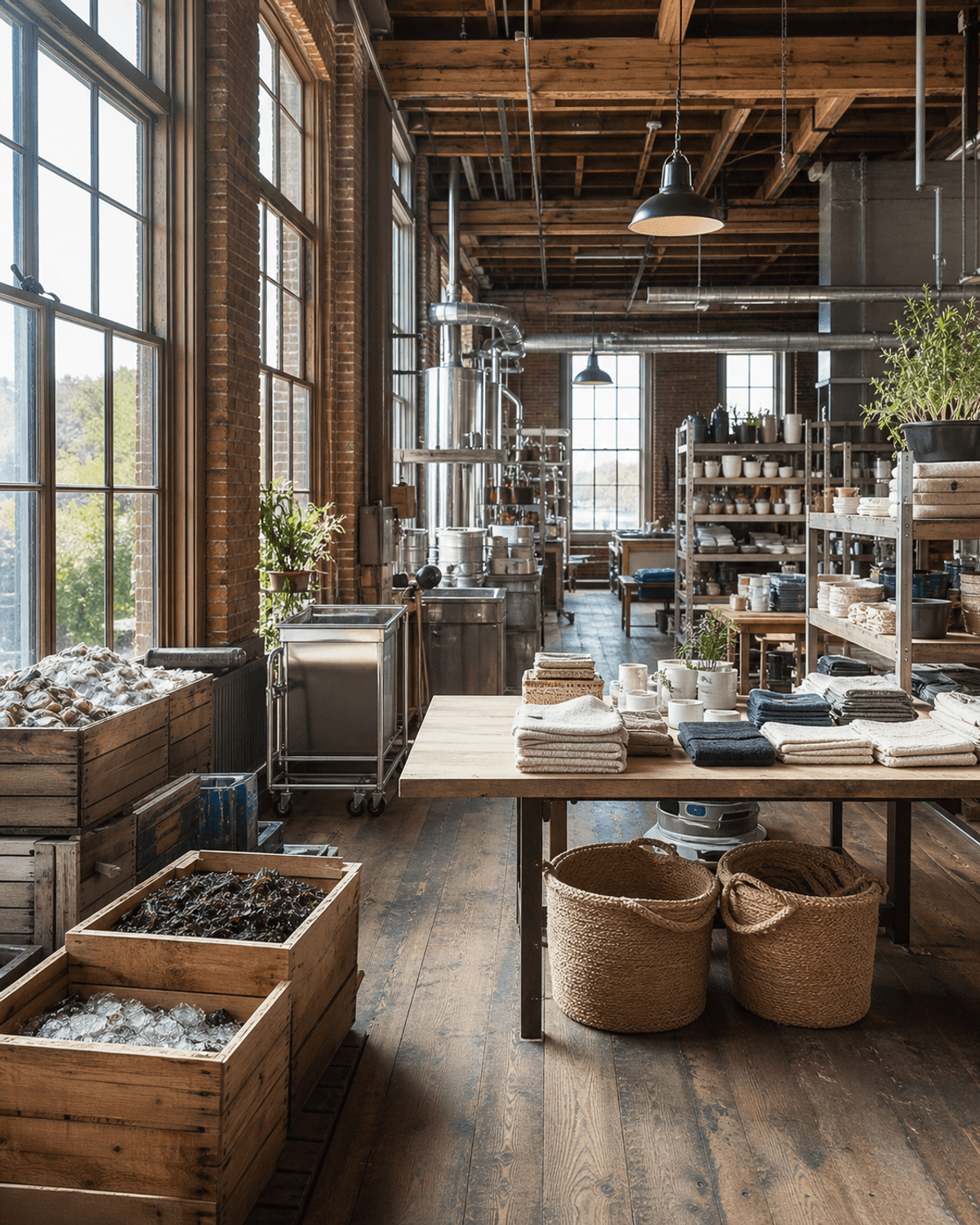 Restored New England mill workspace with commercial equipment and organized inventory