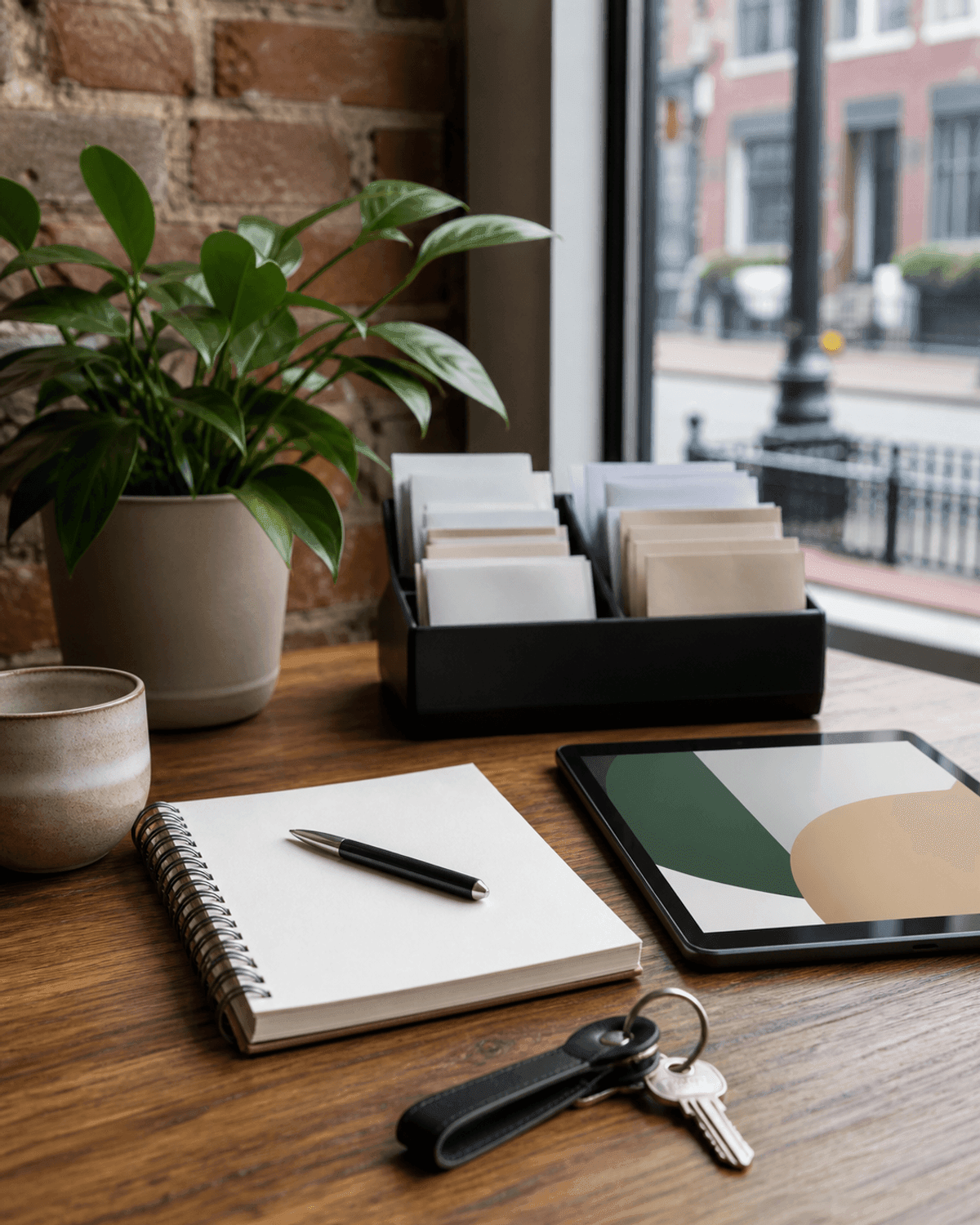 Blank notebook, tablet, keys, and plant in a Boston small-business office