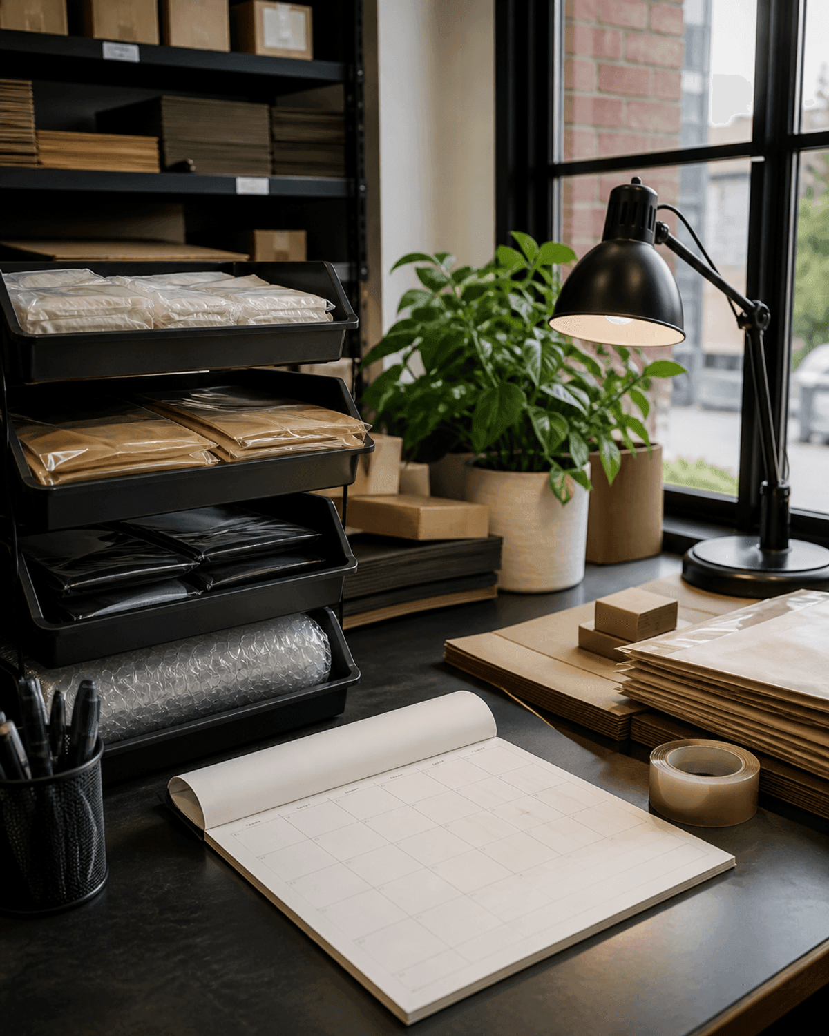 Operating supplies, blank calendar, and packing materials in a small business office