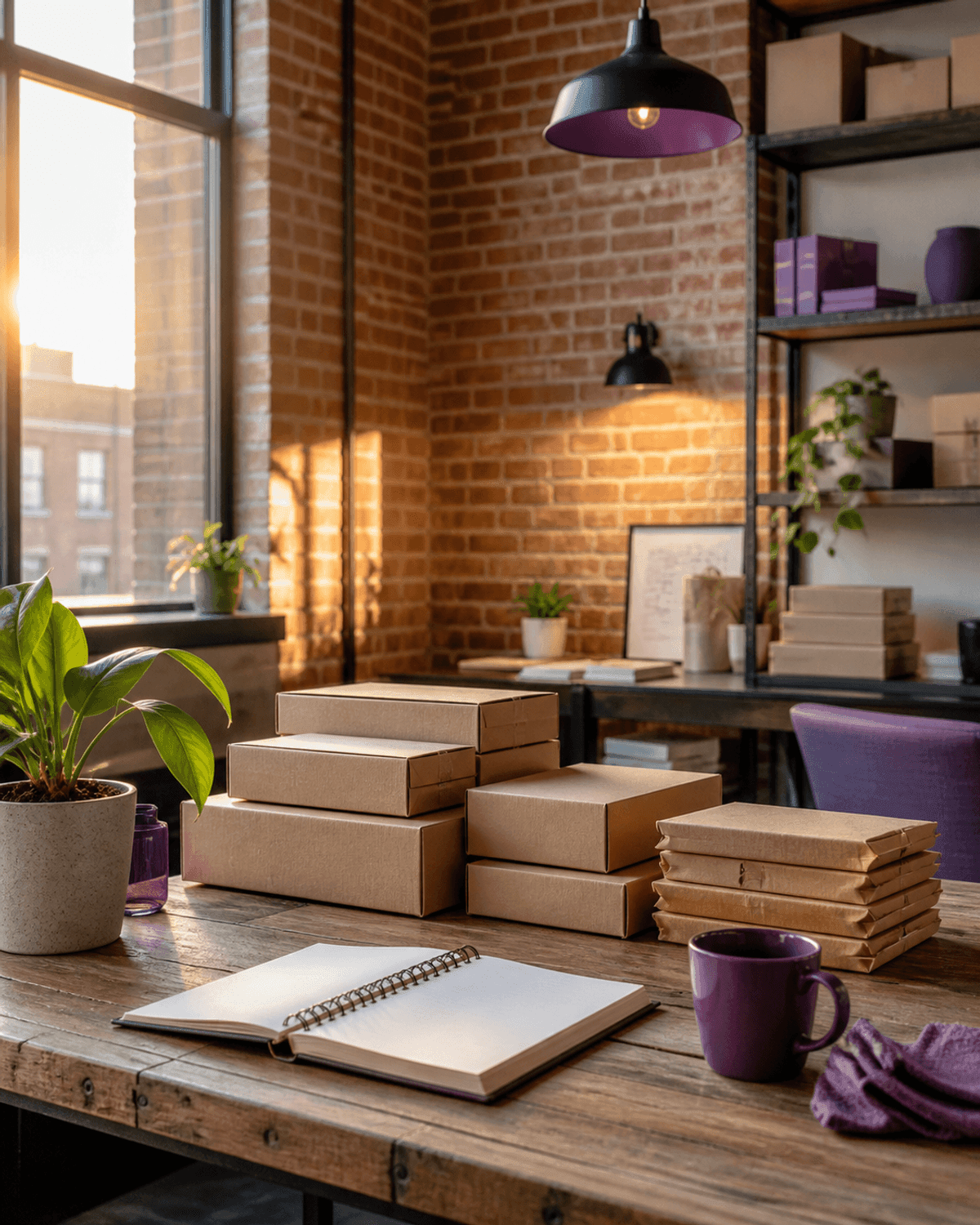 Packed small-business orders, open planner, and green plant in a warm Boston workspace
